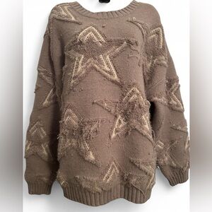 Distressed brown and cream star knit chunky oversized sweater- Size Large